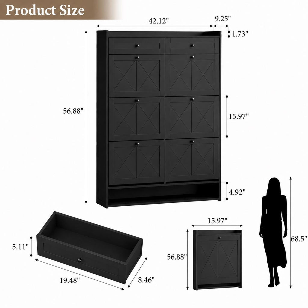 Large Farmhouse Shoe Cabinet with 6 Flip Drawers & 2 Top Drawers