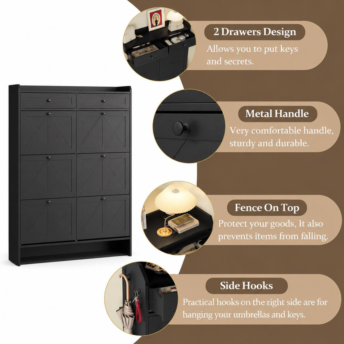 Large Farmhouse Shoe Cabinet with 6 Flip Drawers & 2 Top Drawers