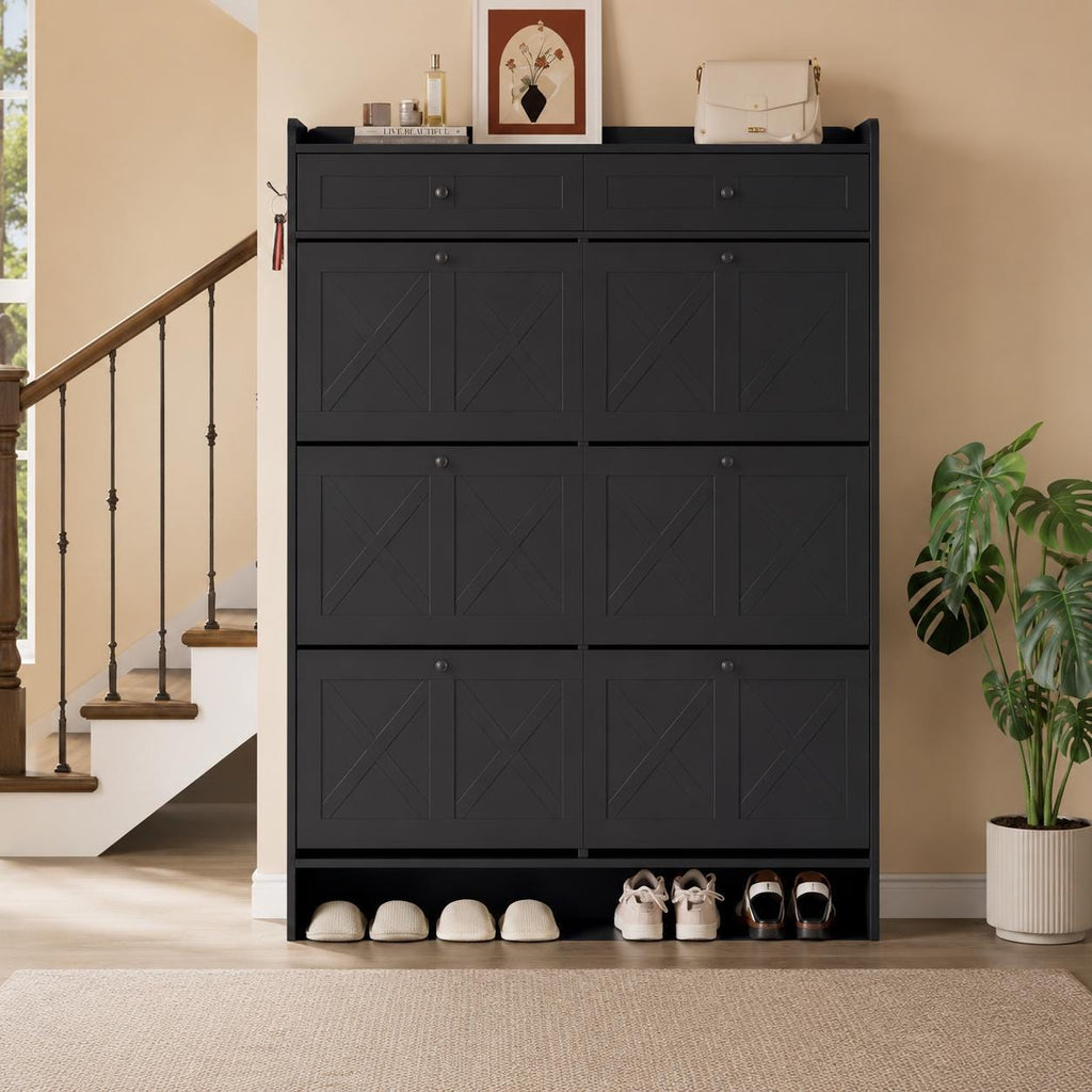Large Farmhouse Shoe Cabinet with 6 Flip Drawers & 2 Top Drawers