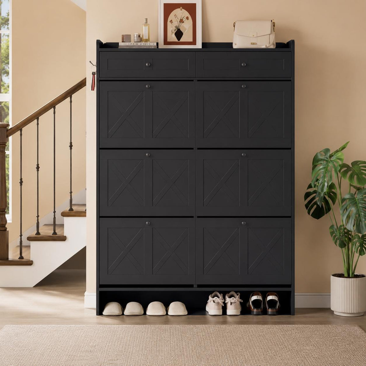 Large Farmhouse Shoe Cabinet with 6 Flip Drawers & 2 Top Drawers