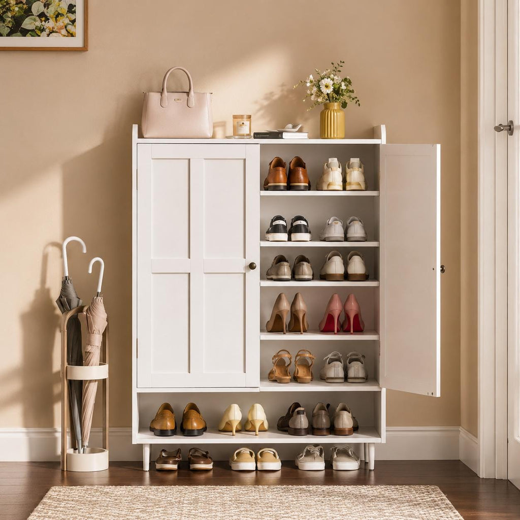 Farmhouse White Shoe Storage Cabinet, 6-Tier Entryway Organizer, Adjustable Shelves