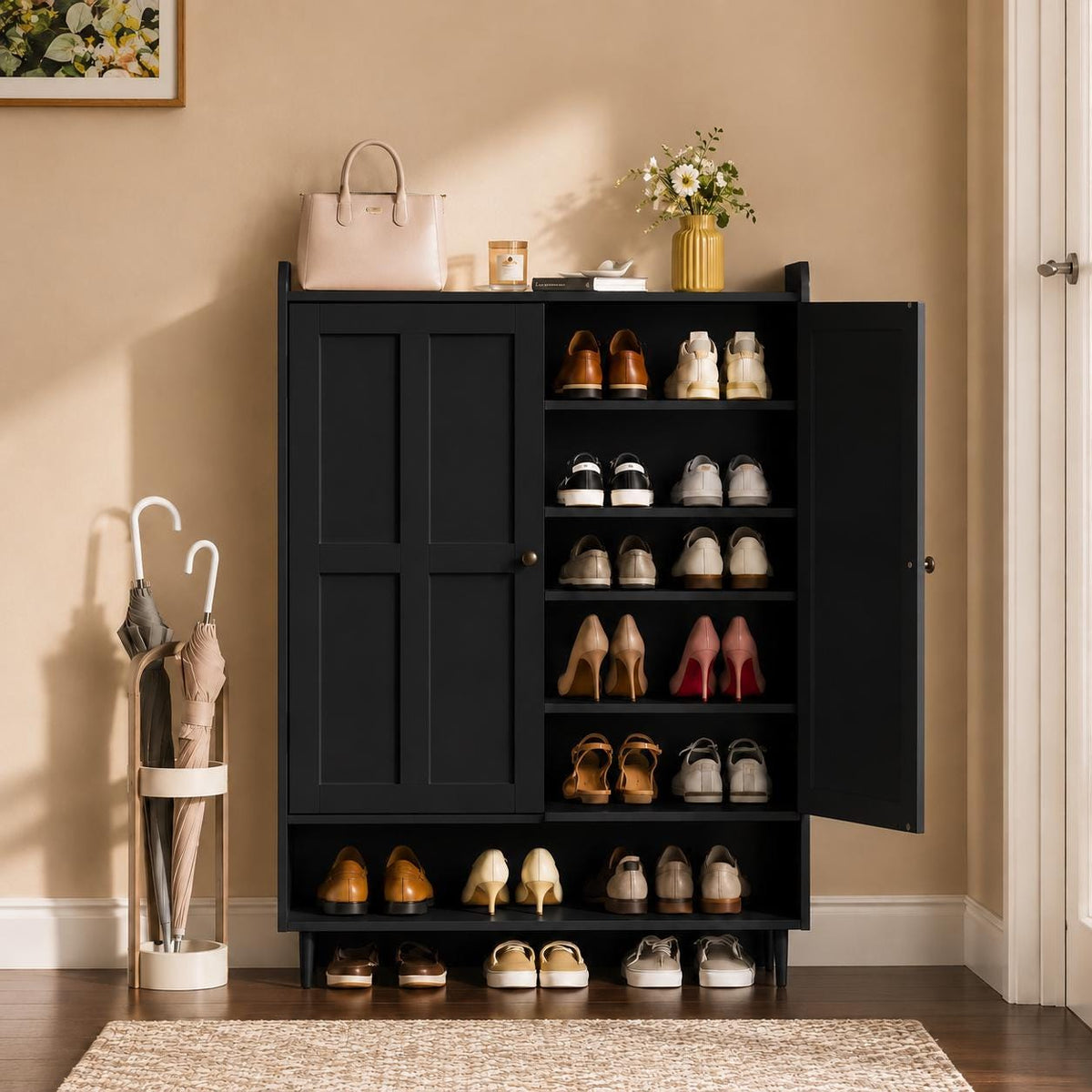 Farmhouse White Shoe Storage Cabinet, 6-Tier Entryway Organizer, Adjustable Shelves