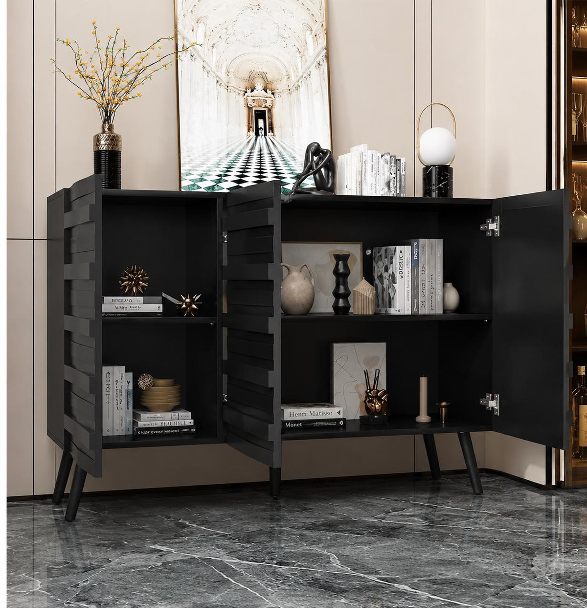 Modern Black Sideboard Cabinet, Handleless Fluted Storage Buffet, Dining Entryway Furniture