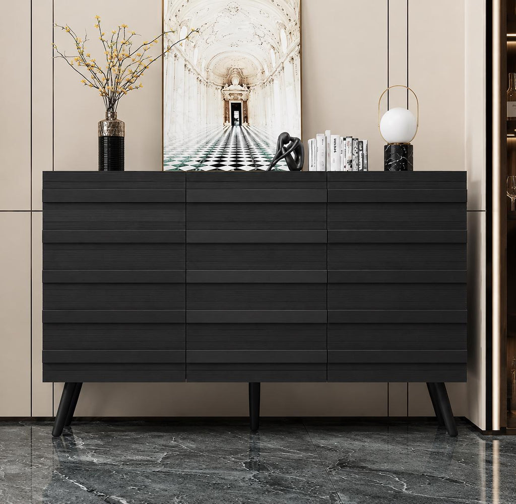 Modern Black Sideboard Cabinet, Handleless Fluted Storage Buffet, Dining Entryway Furniture