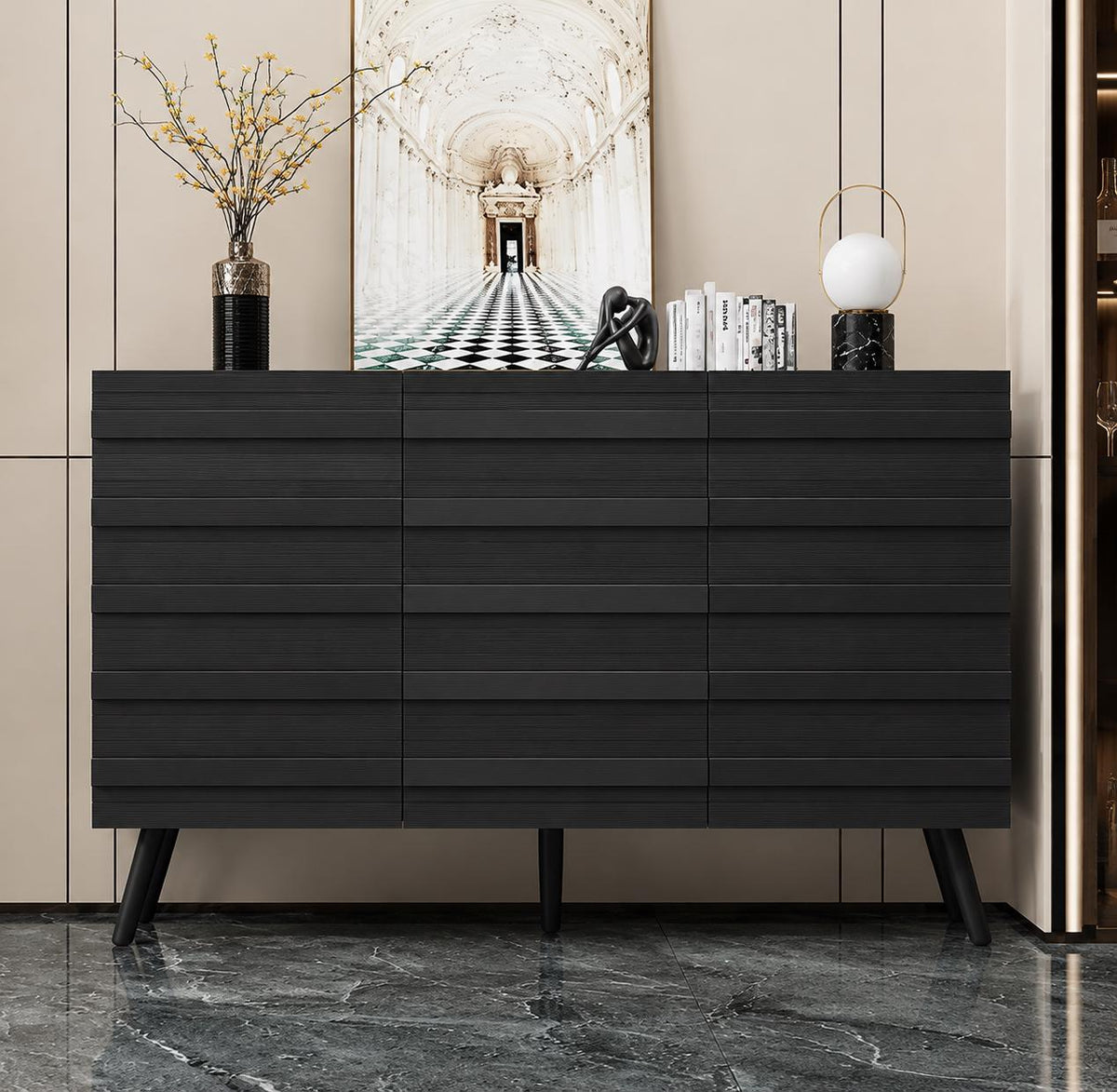 Modern Black Sideboard Cabinet, Handleless Fluted Storage Buffet, Dining Entryway Furniture