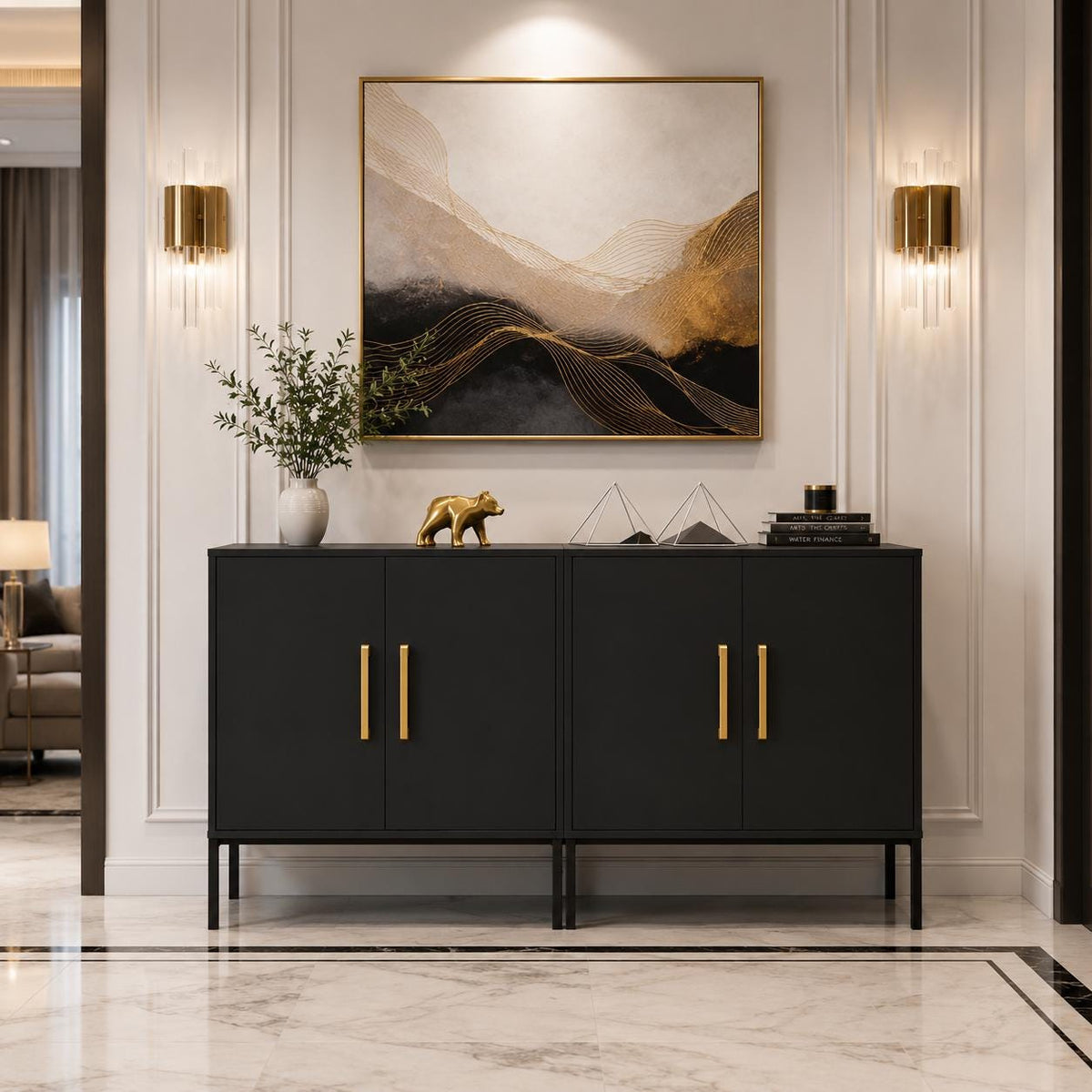 Modern Black Sideboard Buffet Cabinet with Gold Handles & Storage