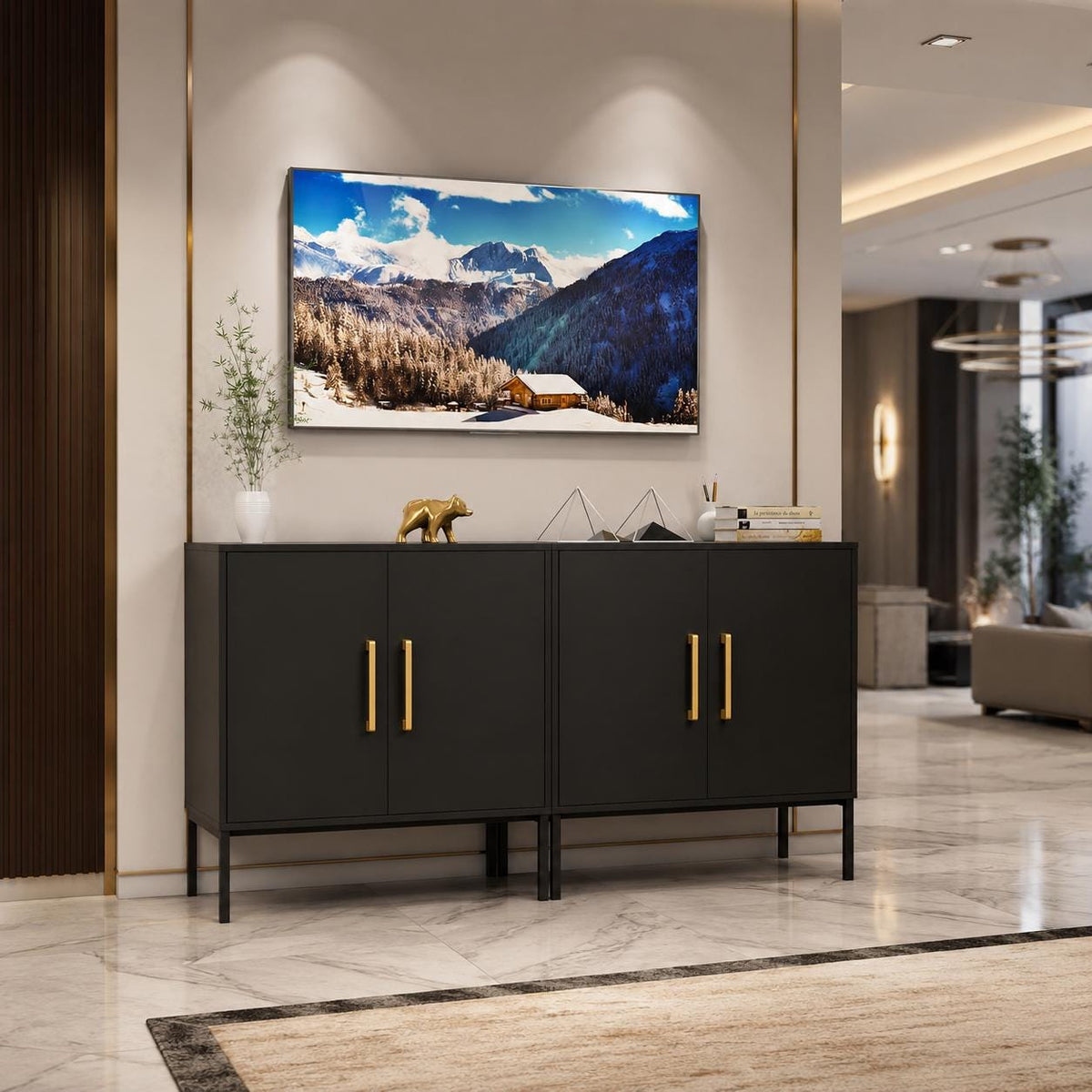 Modern Black Sideboard Buffet Cabinet with Gold Handles & Storage