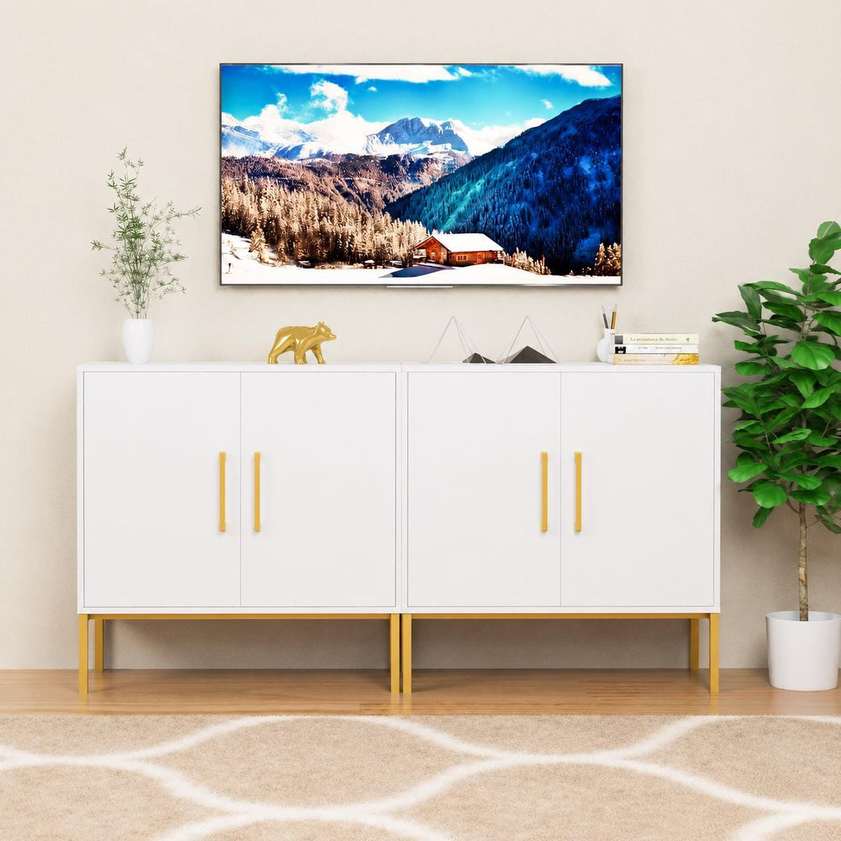 Modern Black Sideboard Buffet Cabinet with Gold Handles & Storage