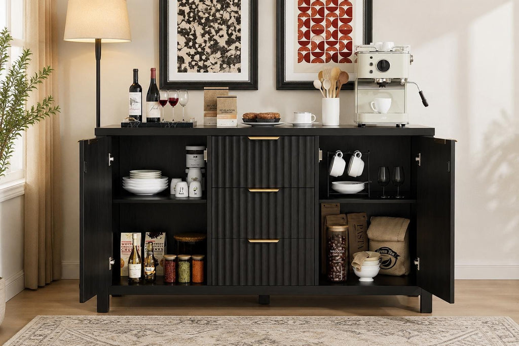 Modern Black Fluted Sideboard Cabinet with Gold Handles, 3 Drawers Storage Credenza
