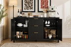 Modern Black Fluted Sideboard Cabinet with Gold Handles, 3 Drawers Storage Credenza