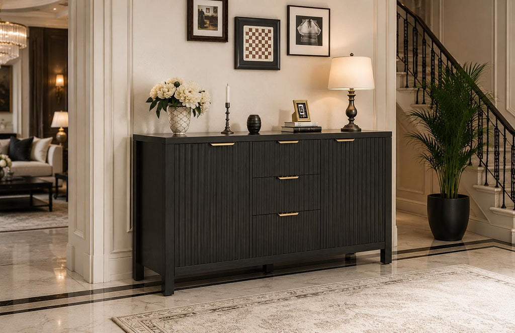 Modern Black Fluted Sideboard Cabinet with Gold Handles, 3 Drawers Storage Credenza