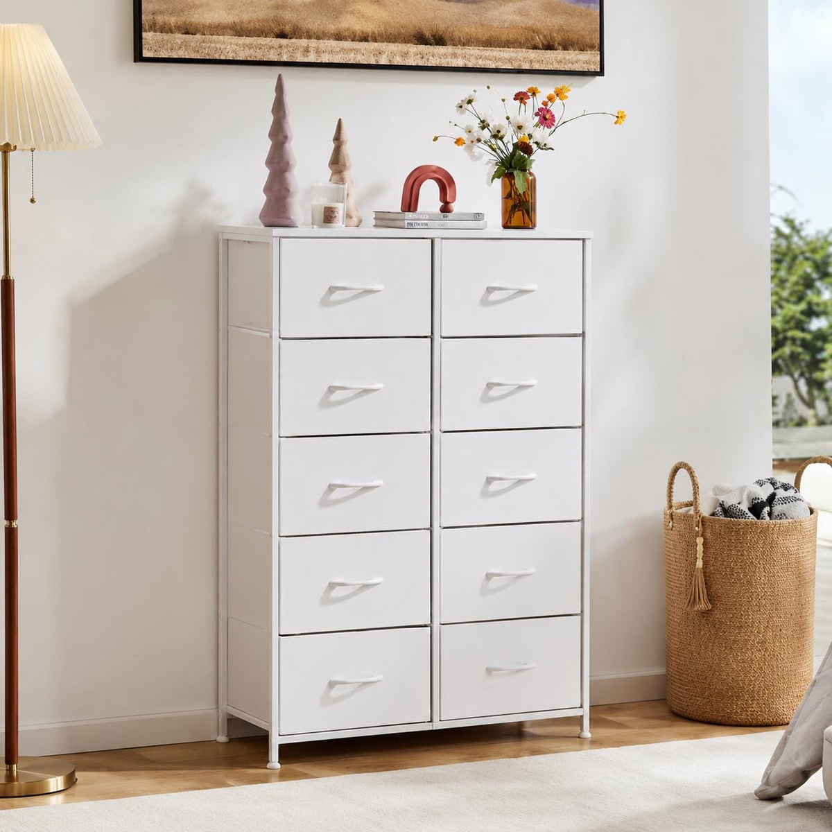 JHK Bedside Table For Bedroom With 10 Fabric Drawers