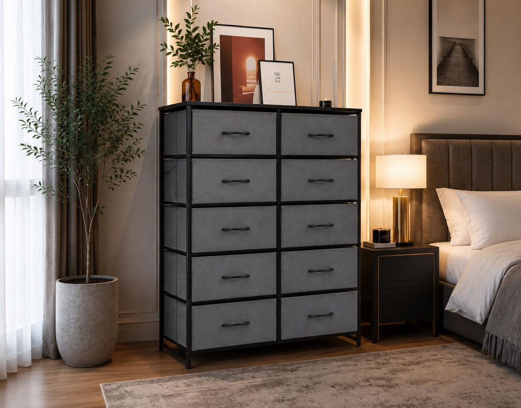 JHK Bedside Table For Bedroom With 10 Fabric Drawers