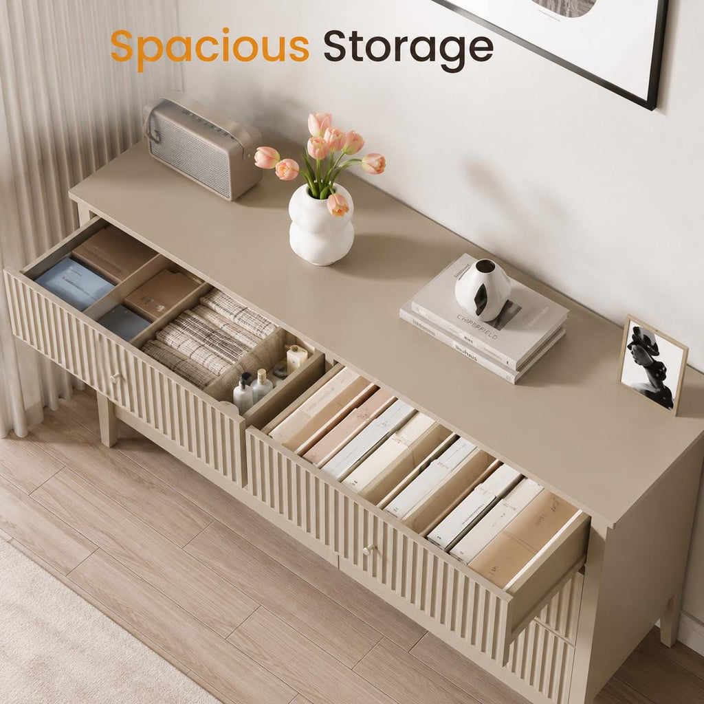 Modern Beige Fluted 6 Drawer Dresser – Water-Resistant Chest Organizer