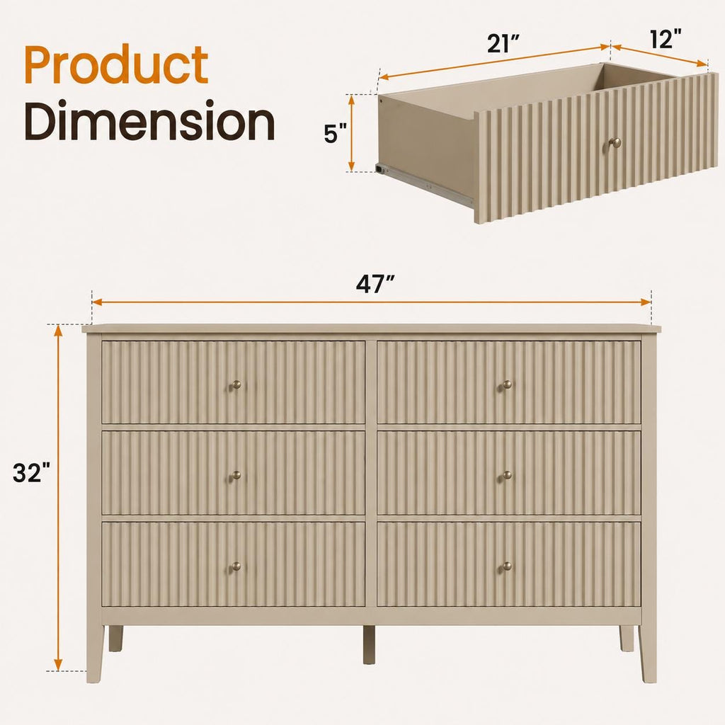 Modern Beige Fluted 6 Drawer Dresser – Water-Resistant Chest Organizer