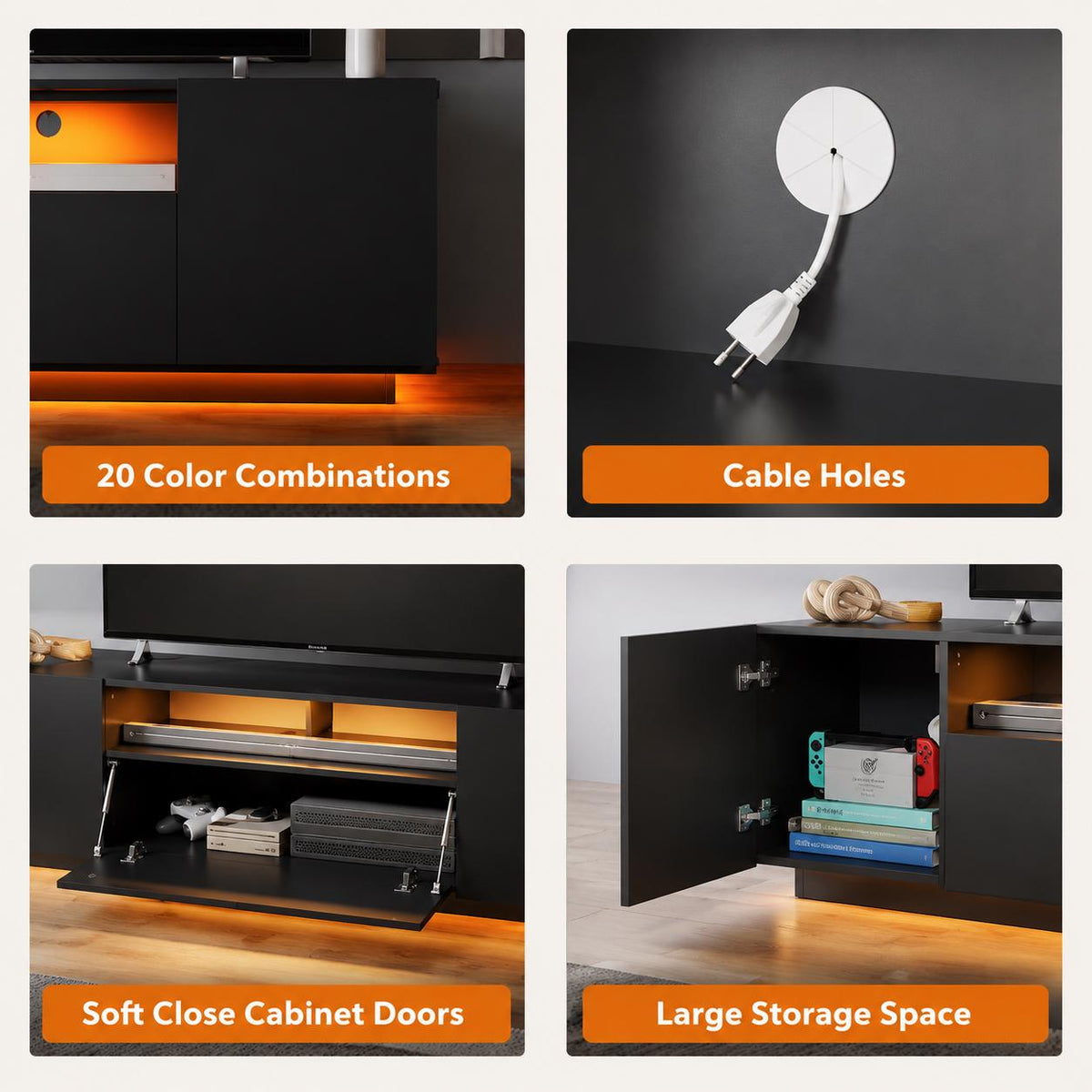 Galaxhero 65 Inch TV Stand with LED Lights Modern Entertainment Center with Storage Cabinet Black TV Console for Living Room