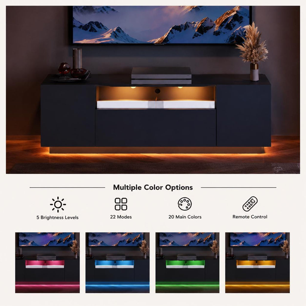 Galaxhero 65 Inch TV Stand with LED Lights Modern Entertainment Center with Storage Cabinet Black TV Console for Living Room