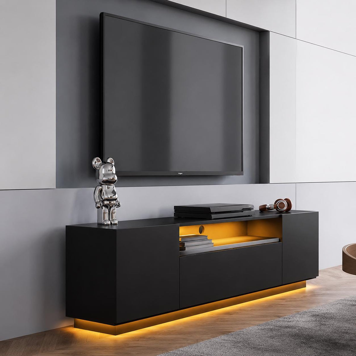 Galaxhero 65 Inch TV Stand with LED Lights Modern Entertainment Center with Storage Cabinet Black TV Console for Living Room