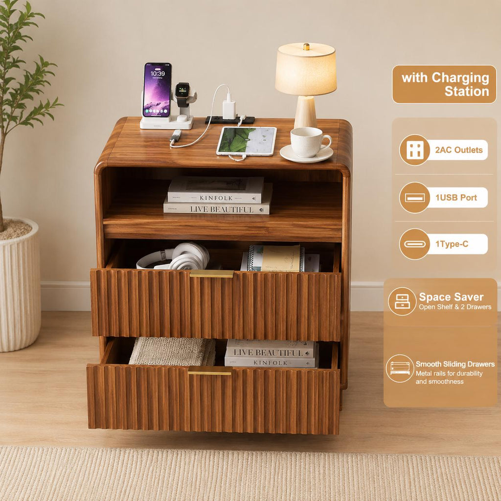 23.6-inch nightstand with charging station; curved-design nightstand featuring 2 drawers and an open shelf
