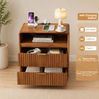 23.6-inch nightstand with charging station; curved-design nightstand featuring 2 drawers and an open shelf