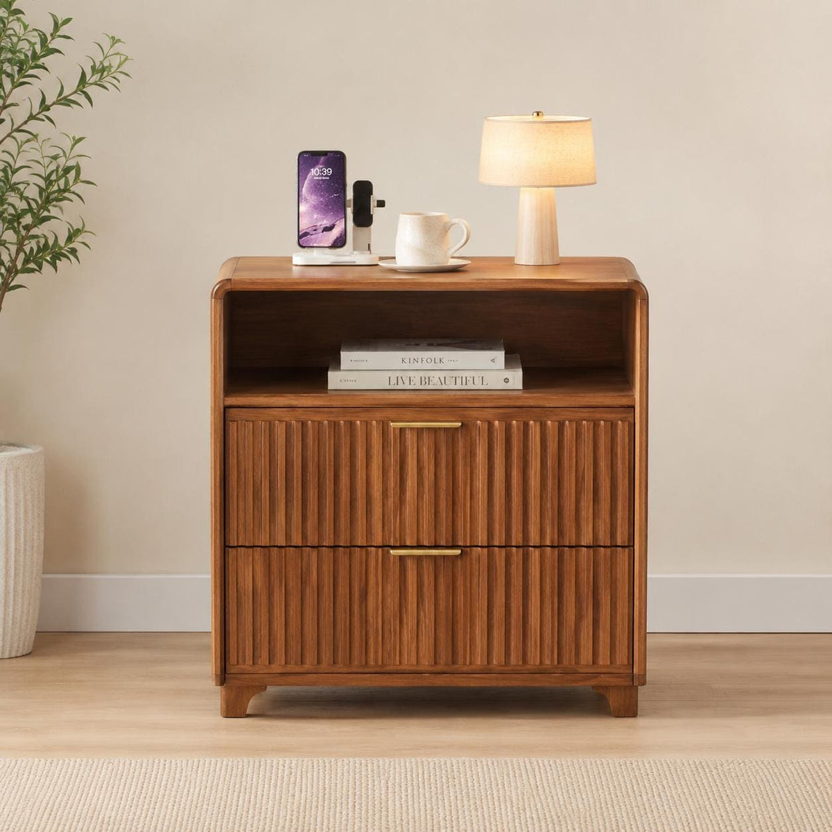 23.6-inch nightstand with charging station; curved-design nightstand featuring 2 drawers and an open shelf