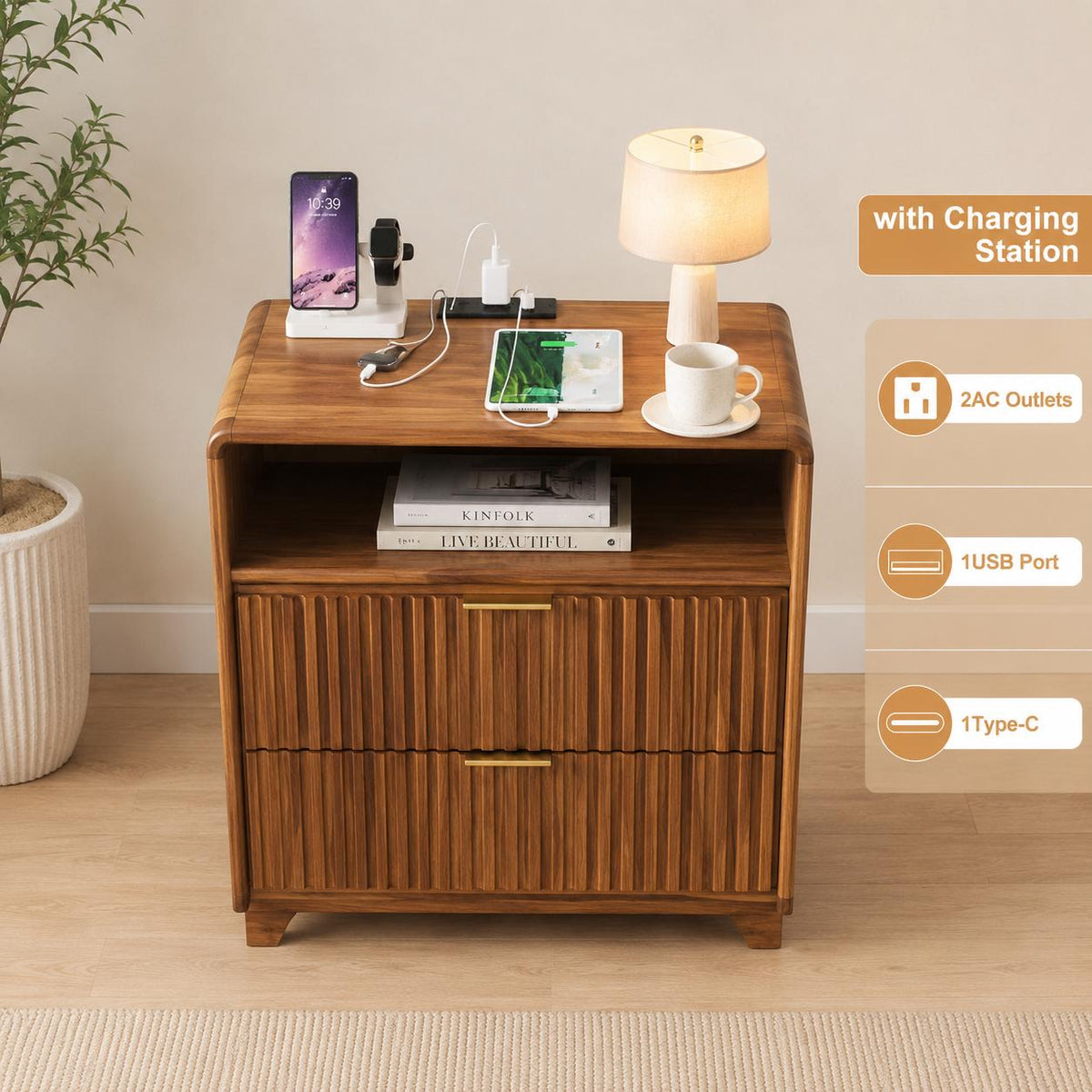 23.6-inch nightstand with charging station; curved-design nightstand featuring 2 drawers and an open shelf