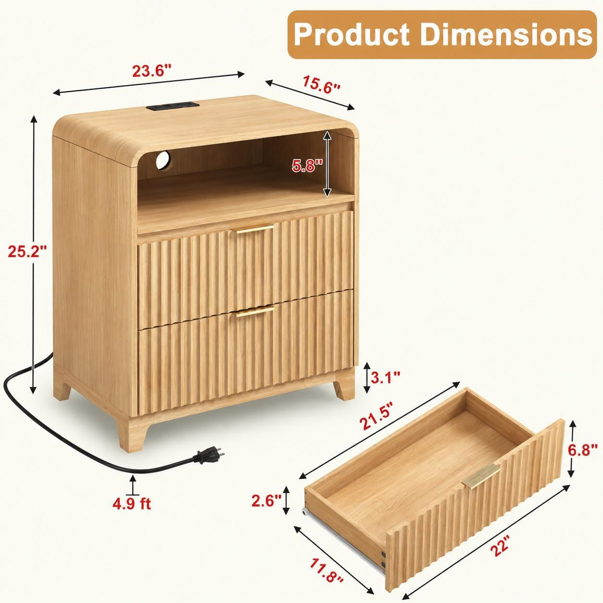 23.6-inch nightstand with charging station; curved-design nightstand featuring 2 drawers and an open shelf