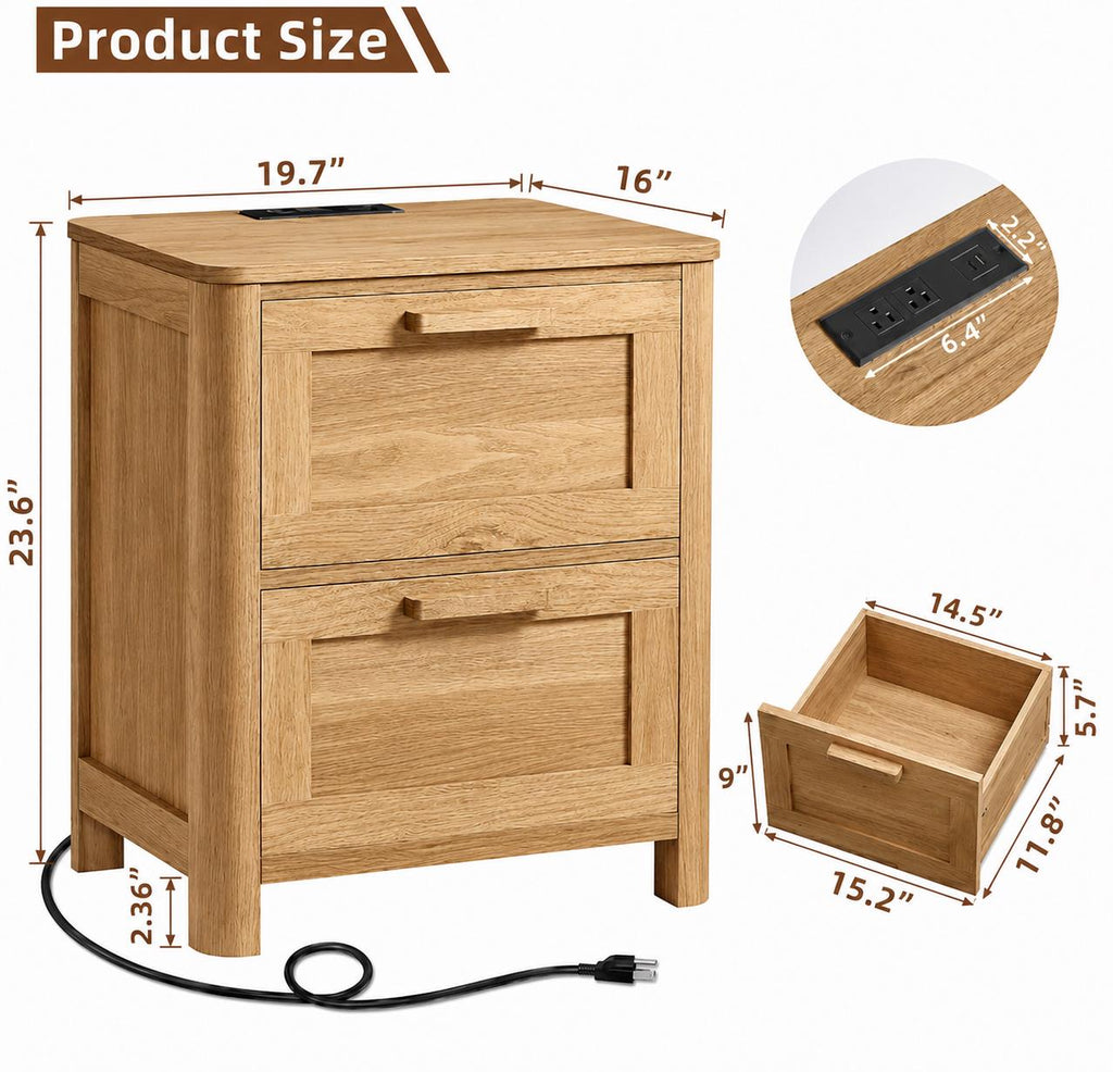 Farmhouse Nightstand with Charging Station, 2 Drawer Bedside Table