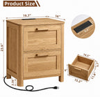 Farmhouse Nightstand with Charging Station, 2 Drawer Bedside Table