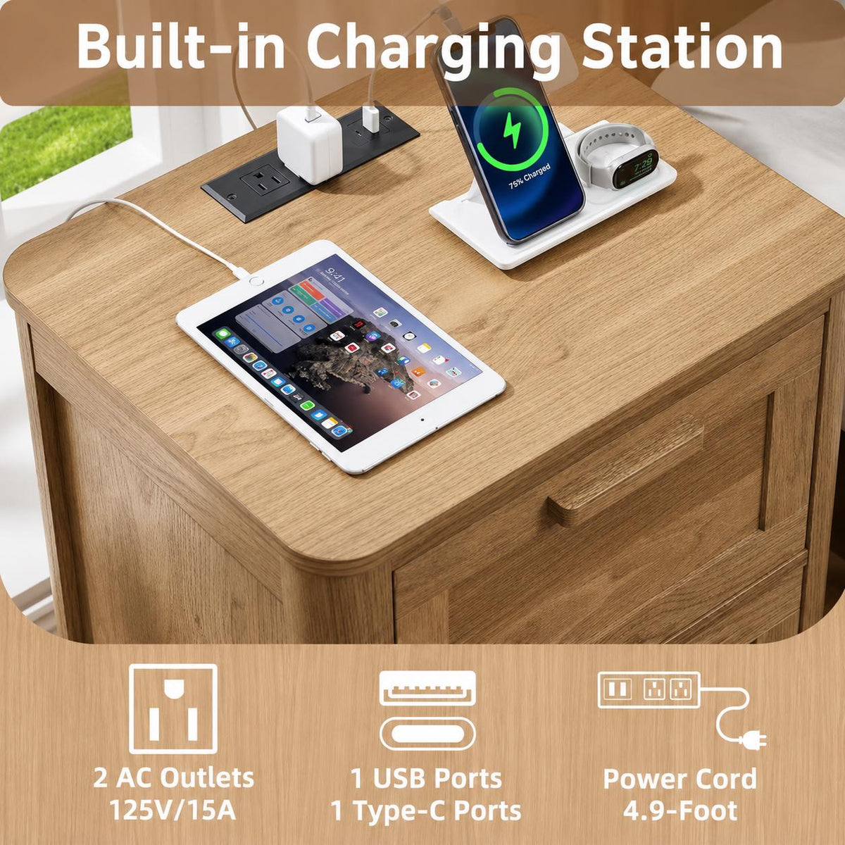 Farmhouse Nightstand with Charging Station, 2 Drawer Bedside Table