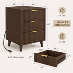 Modern Fluted Nightstand, 3 Drawer Bedside Table with Charging Station