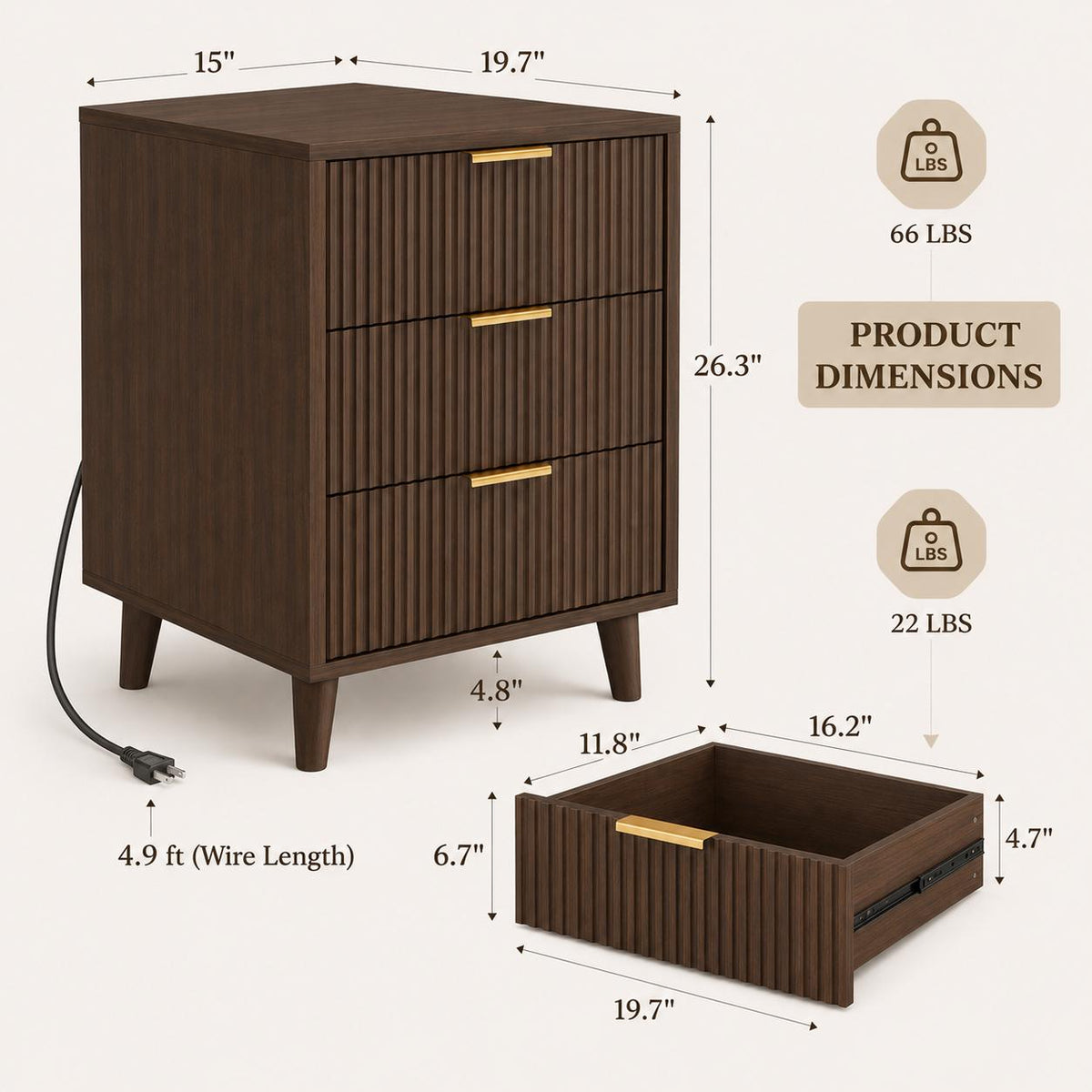 Modern Fluted Nightstand, 3 Drawer Bedside Table with Charging Station