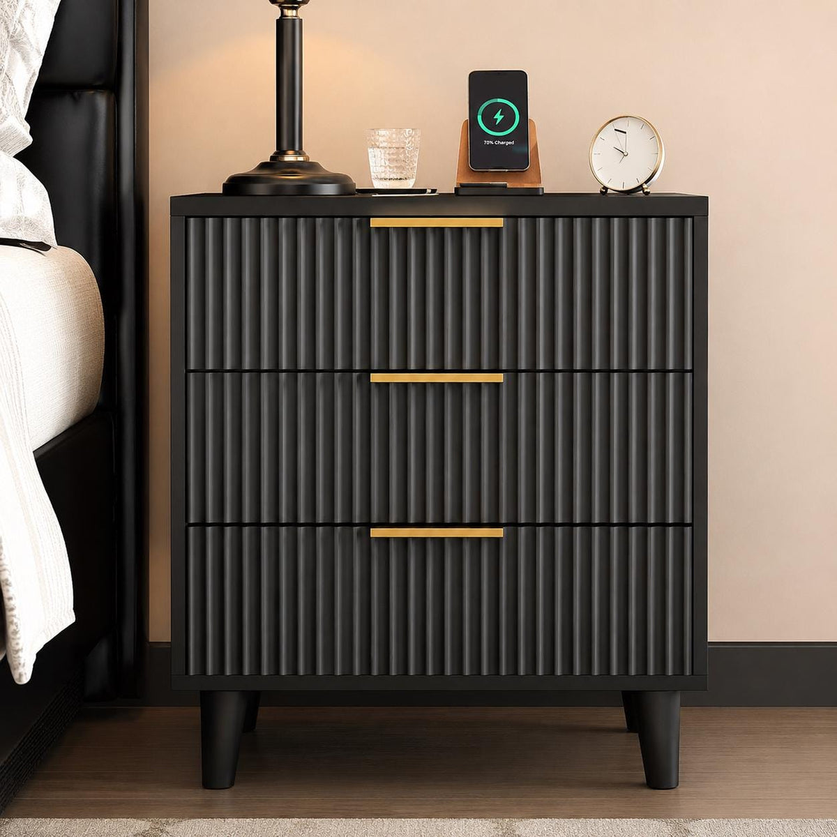 Modern Fluted Nightstand, 3 Drawer Bedside Table with Charging Station