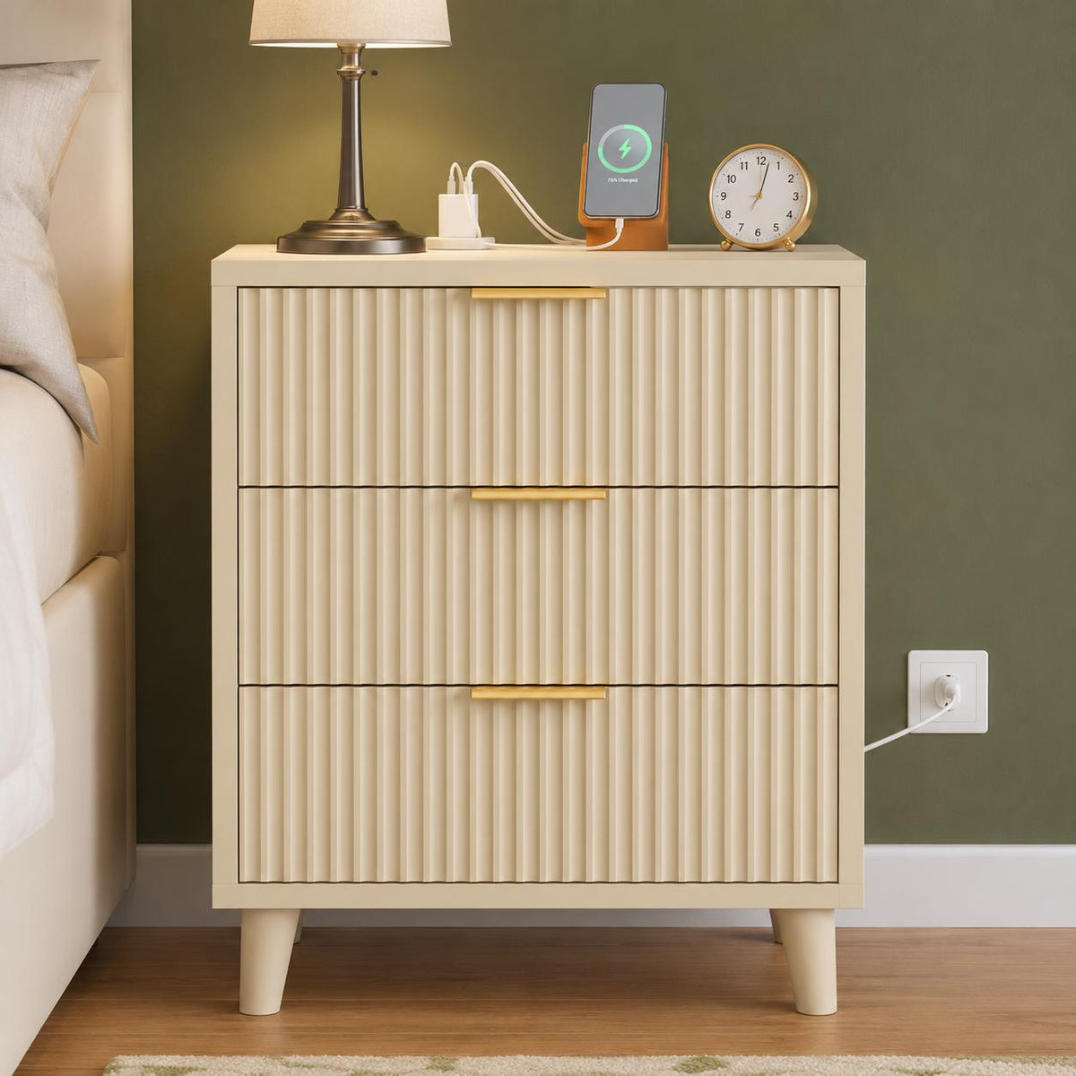 Modern Fluted Nightstand, 3 Drawer Bedside Table with Charging Station