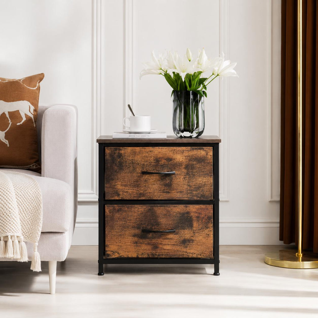 Rustic Modern Nightstand, 2 Drawer Wooden Bedside Table, Farmhouse Storage Cabinet