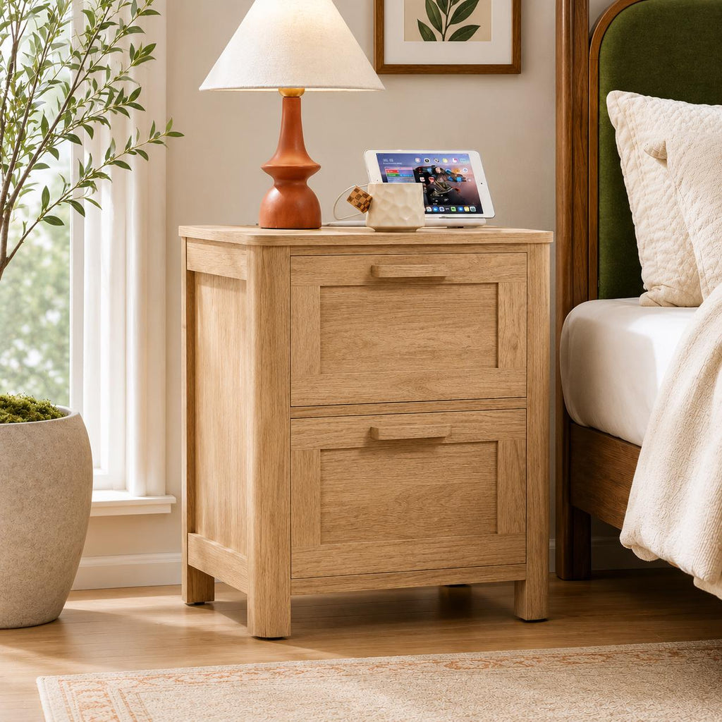 Farmhouse Nightstand with Charging Station, 2 Drawer Bedside Table