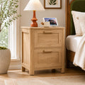 Farmhouse Nightstand with Charging Station, 2 Drawer Bedside Table