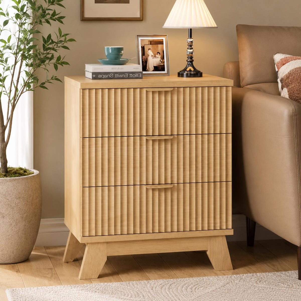 Natural Oak Mid Century Nightstand Bedside Table 24 Inch Wide Three Drawer Storage