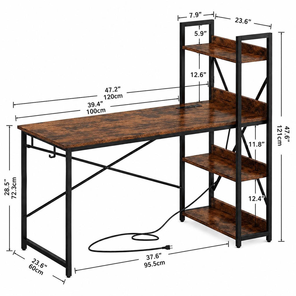 Modern Industrial Computer Desk with Power Outlet & Reversible Storage Shelves