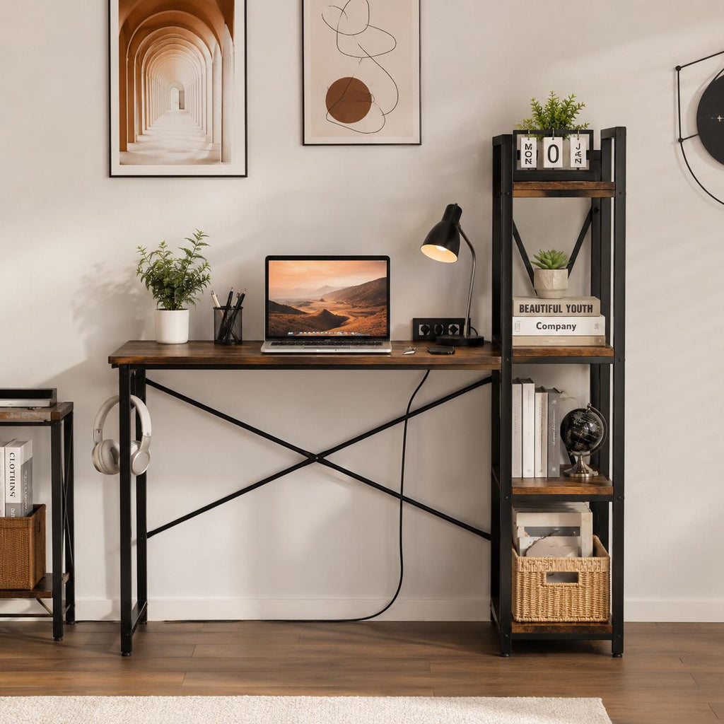 Modern Industrial Computer Desk with Power Outlet & Reversible Storage Shelves