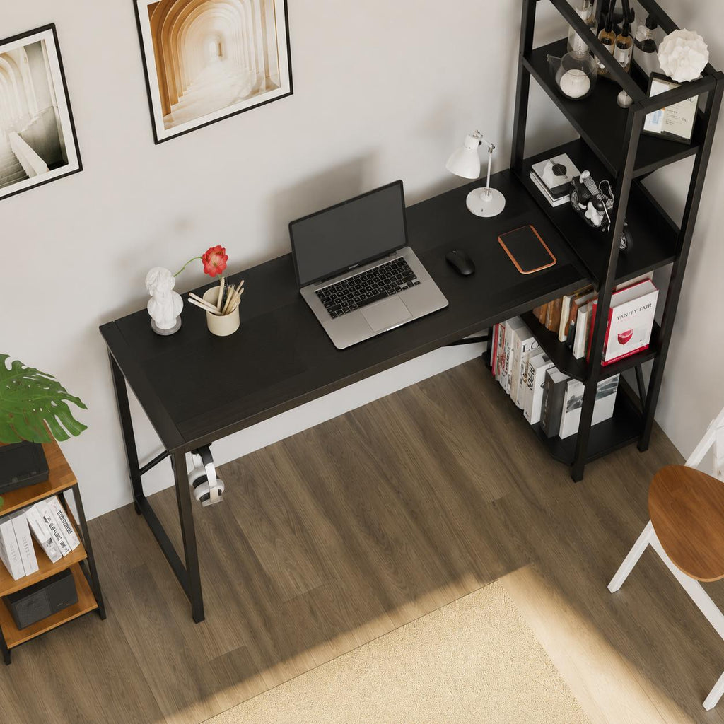 Modern Industrial Computer Desk with Power Outlet & Reversible Storage Shelves