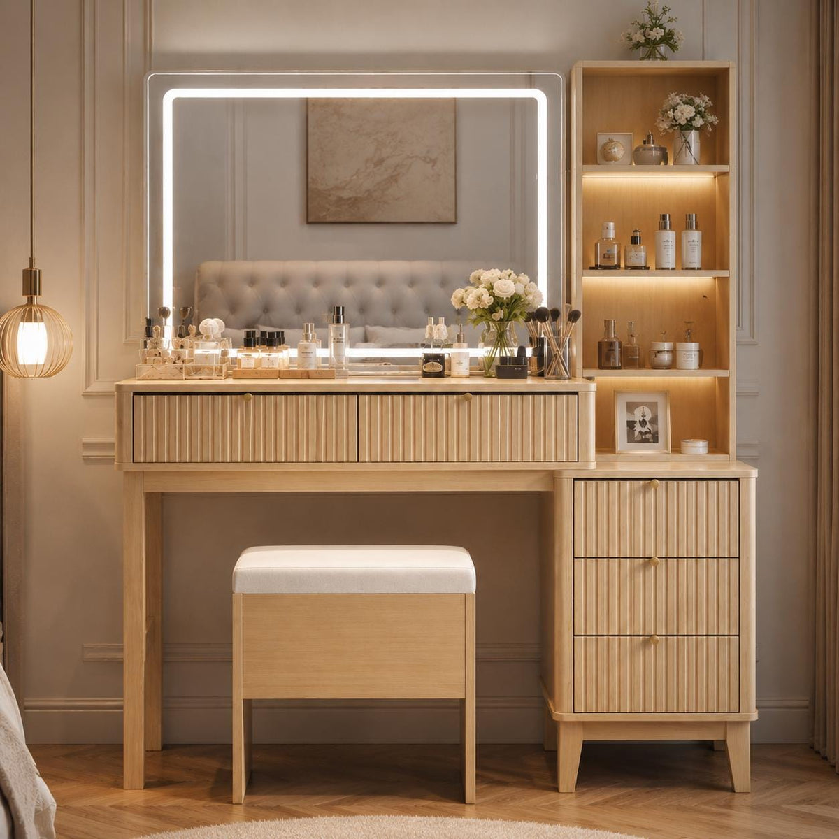 Modern Makeup Vanity with LED Mirror, Charging Station, 5 Drawers, Glass Top