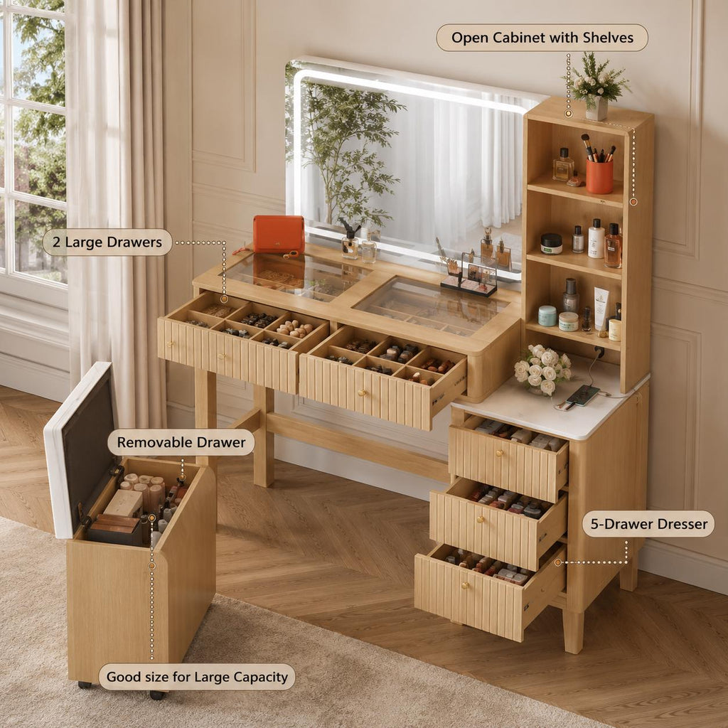 Modern Makeup Vanity with LED Mirror, Charging Station, 5 Drawers, Glass Top