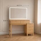 Modern Makeup Vanity with LED Mirror, Charging Station, 5 Drawers, Glass Top