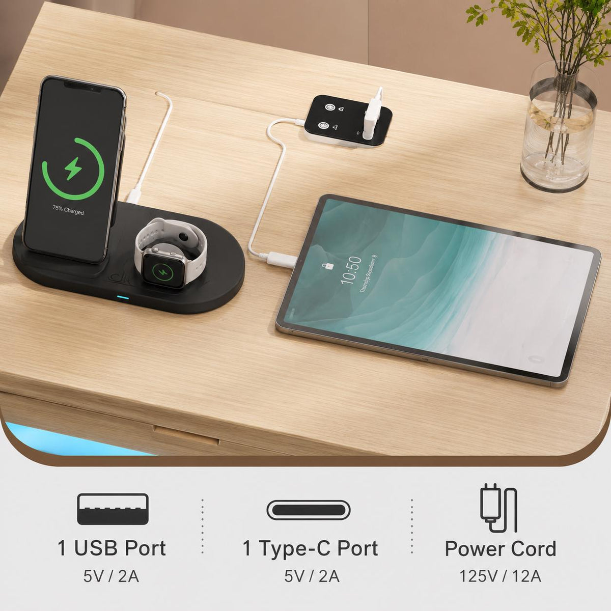 Smart LED Light Bedside Table with Charging Station