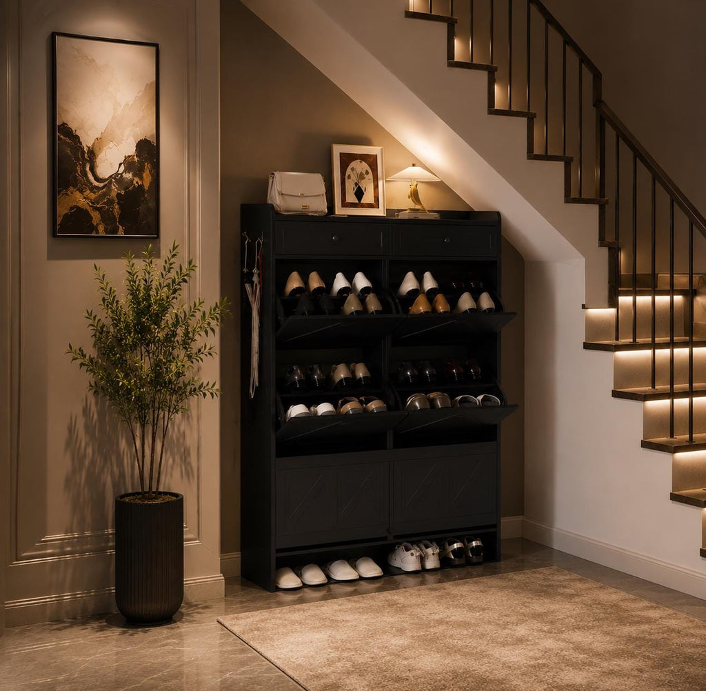 Large Farmhouse Shoe Cabinet with 6 Flip Drawers & 2 Top Drawers