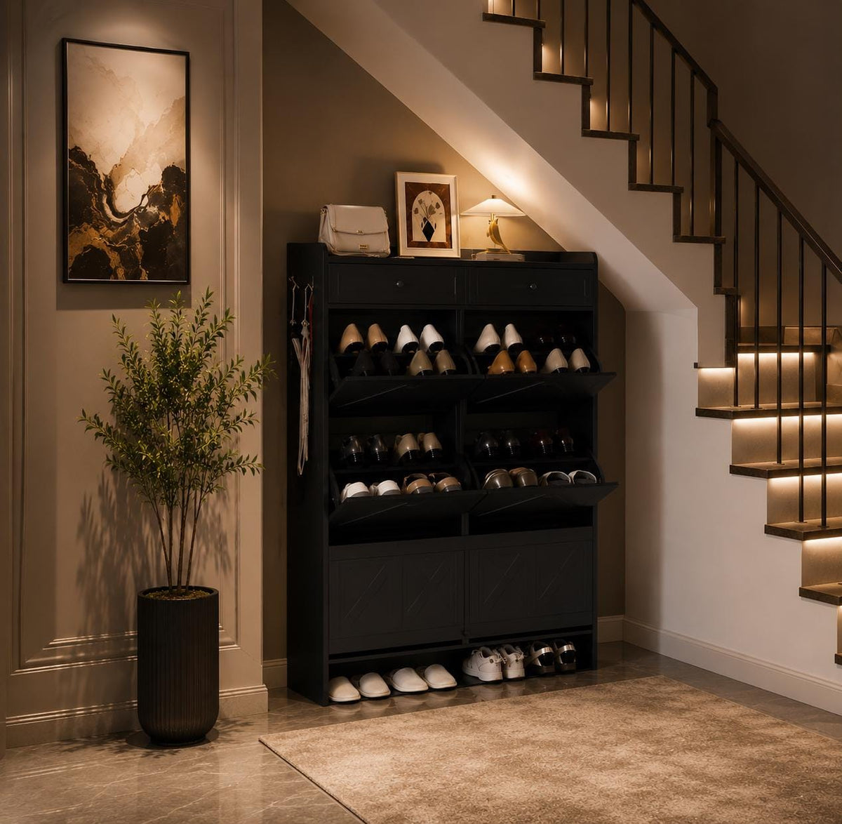 Large Farmhouse Shoe Cabinet with 6 Flip Drawers & 2 Top Drawers