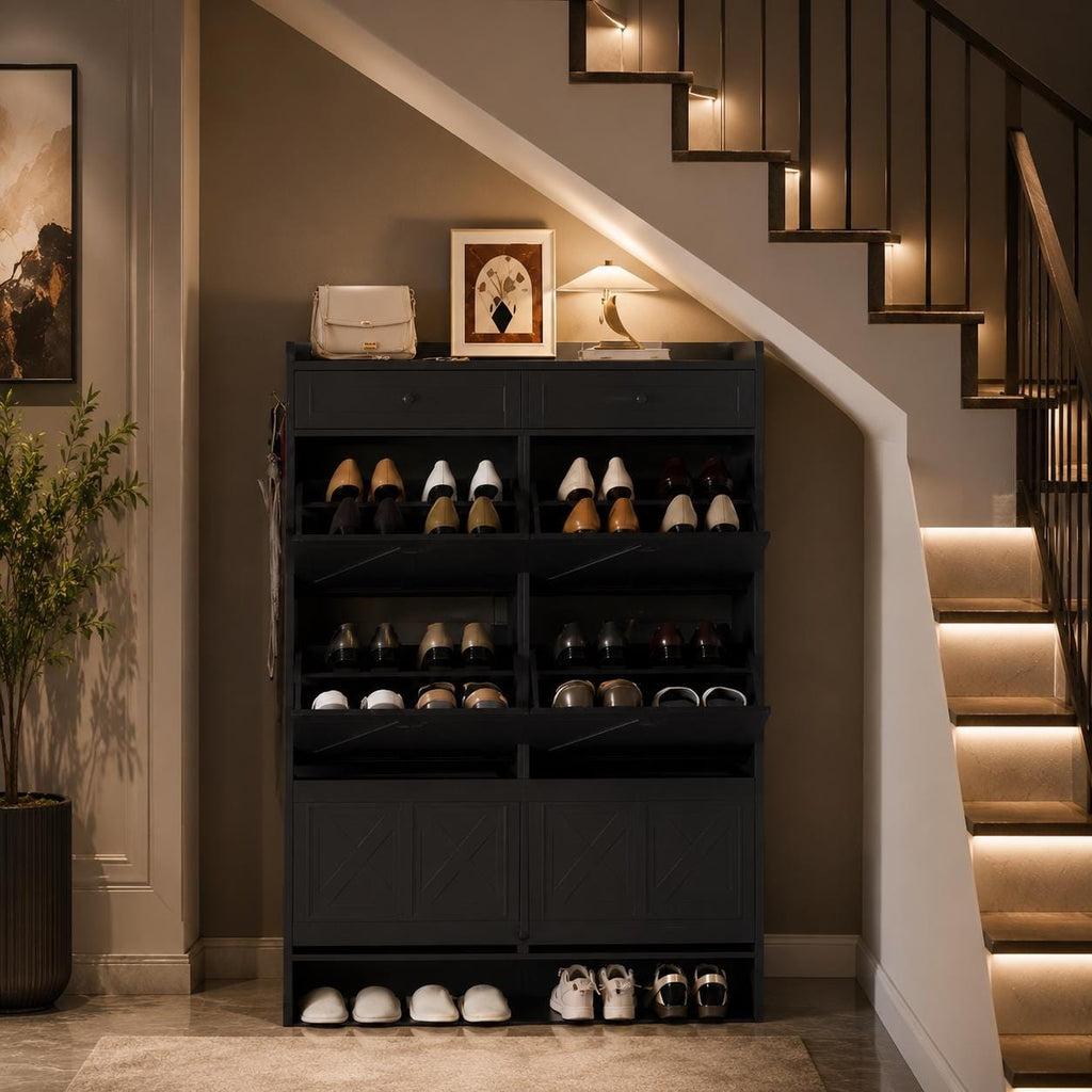 Large Farmhouse Shoe Cabinet with 6 Flip Drawers & 2 Top Drawers