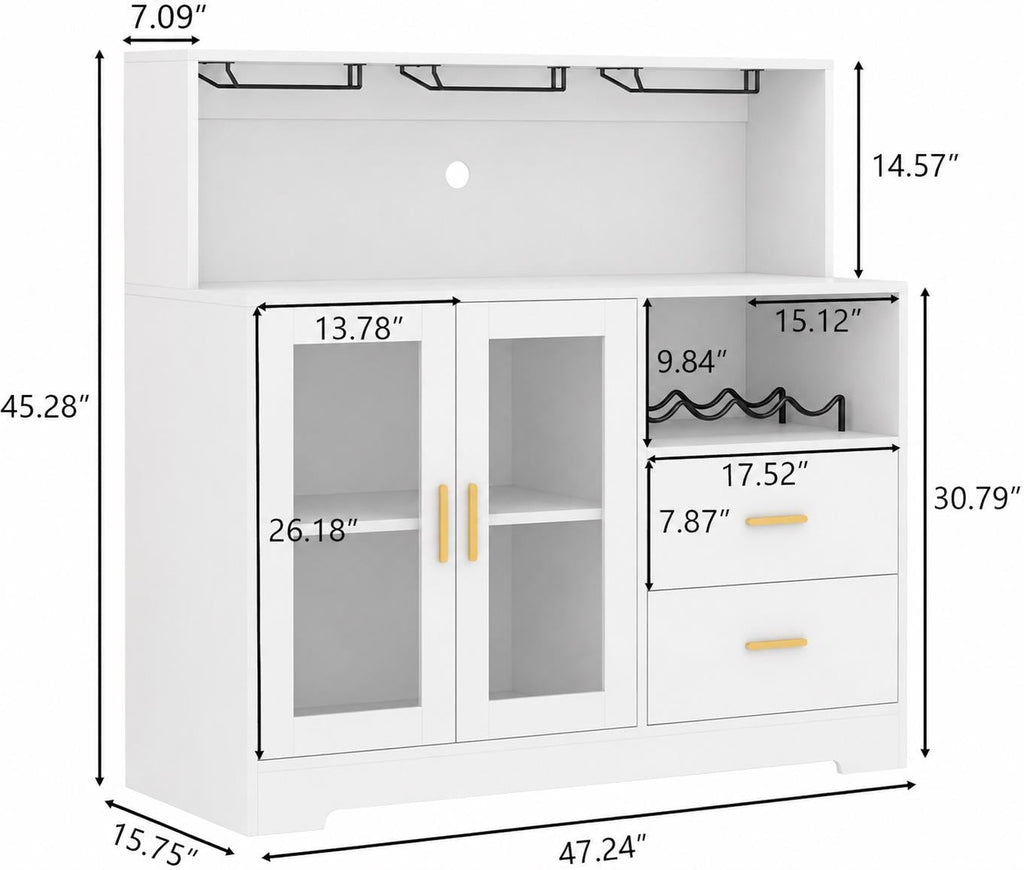 Modern Wine Bar Cabinet with LED Lights, Glass Doors, Wine Rack & Storage Drawers