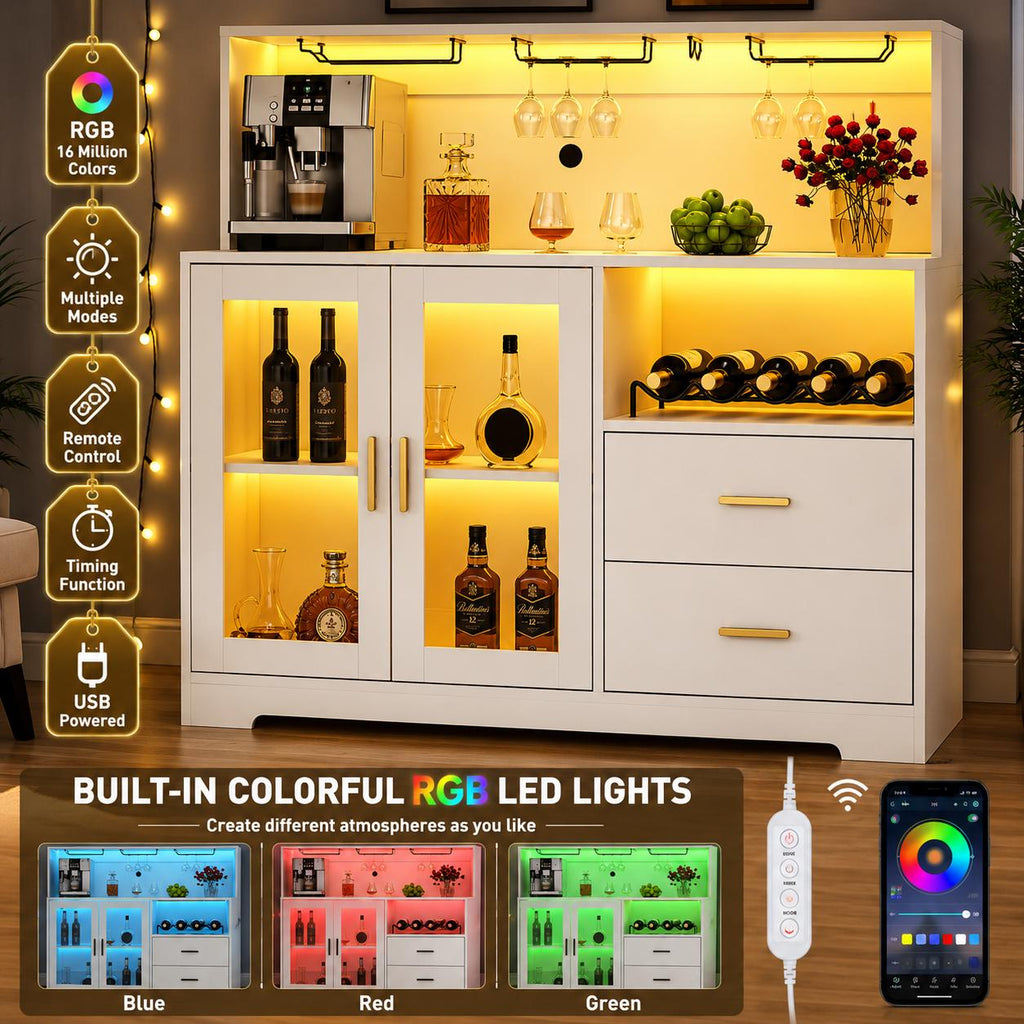 Modern Wine Bar Cabinet with LED Lights, Glass Doors, Wine Rack & Storage Drawers